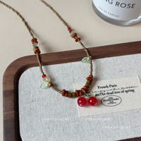 Collier ras du cou vintage JS fait main avec perles et feuilles, bijoux d'été, accessoires, collier cerise pour femme
