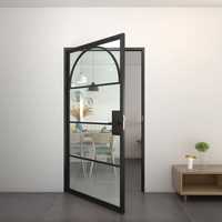 Porte battante en acier et verre au design arqué noir, cadre en fer cannelé, double porte intérieure française avec verre