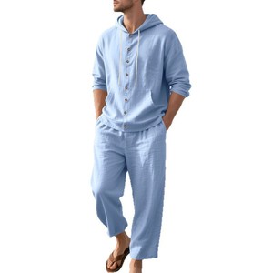 Ensemble pantalon et sweat à capuche en lin pour homme MGTZ10DF161, coupe ample, décontracté, manches longues, pour le printemps et l'automne - Product Image 1