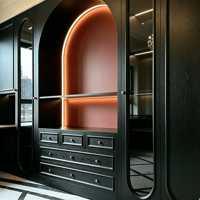 Armoire murale en bois courbée de style rétro français avec évier intégré, finition noir mat moderne, pour l'aménagement intérieur de villas haut de gamme