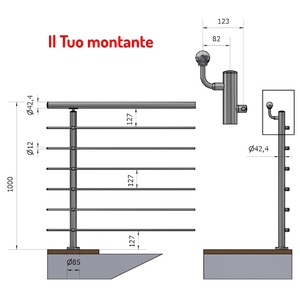 Main courante droite P110130-6 6 poutres transversales Ø 42.4 Offset Satin Acier inoxydable AISI 304 Montage au sol Balustrades Main courante - Product Image 1