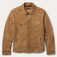 Veste en daim marron pour homme, style camionneur, fermeture à boutons, poches poitrine, doublure satinée, style vintage, vêtement décontracté pour homme