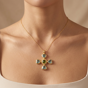 Women's Cross Necklace Sky Blue Quartz and Peridot Quartz Christian Jewelry 18k Gold Plated Texture Metal Brass Pendant Necklace - Product Image 3