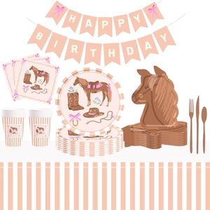 ชุดอุปกรณ์จัดงานวันเกิดเด็กผู้หญิงลายม้า DAMAI พร้อมโบว์สีน้ำตาล รูปม้า ของใช้บนโต๊ะอาหารแบบใช้แล้วทิ้ง กระดาษเช็ดปาก แก้ว จาน - Product Image 4
