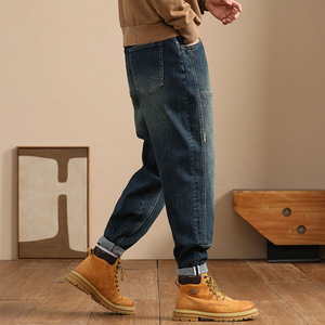 Pantalones harén de moda para hombre de otoño e invierno, pantalones vaqueros de carga americanos holgados de gran tamaño, cintura media, mezclilla lavada, cordón informal sólido - Product Image 2