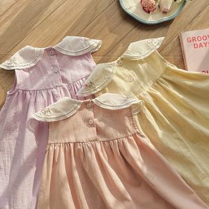 Robe pour enfants brodée de fleurs vintage - Robe pour enfants <span class=keywords><strong>à</strong></span> col en pétales festonnés, robe sans manches en coton doux pour fillette - Product Image 4