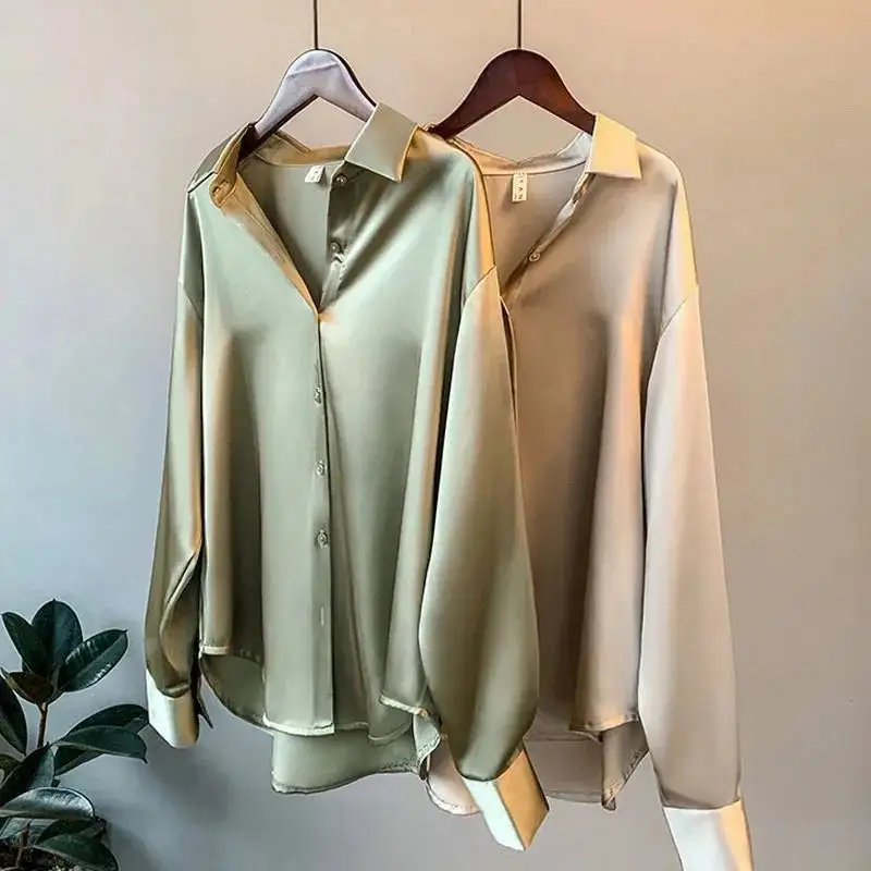 Wholesale Autumn Spring Korea straight retro design women satin shirt solid color long sleeve causal lady's tops blouse shirt