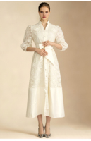 Robe longue élégante pour femme, col montant uni, col en V, manches bouffantes, taille naturelle avec ceinture, style princesse, en dentelle, pour printemps, été et automne