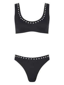 Conjunto de Bikini ecológico acolchado extraíble de 2 piezas de talla grande con cuello redondo y diamantes de imitación plateados metálicos negros para mujer - Product Image 3