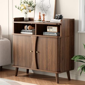Buffet Decofy 39 pouces, style Mid-Century Modern, portes coulissantes Shaker, 4 étagères réglables, 2 tiroirs, bois massif - Product Image 1