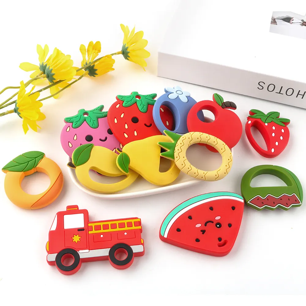 Kovict prezzo all'ingrosso basso MOQ Silicone Baby frutta cartone animato massaggiagengive sensoriale collana autismo sensoriale giocattoli per la dentizione del bambino