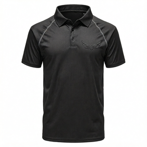 เสื้อโปโลแขนสั้นสีดำสำหรับผู้ชาย ปักโลโก้ ผ้าถักแห้งเร็ว สไตล์ลำลอง - Product Image 1