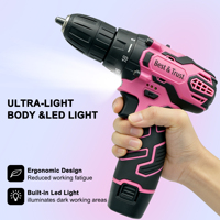 Perceuse sans fil rose 12V avec 25 accessoires, batterie 1,5Ah, mandrin 10mm, visseuse électrique pour le bricolage à domicile