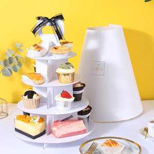 Custom Afternoon Tea Take Away Set Tall Dessert Cake Tray Boxes Cake Paper Stand Cake Box With Ribbon