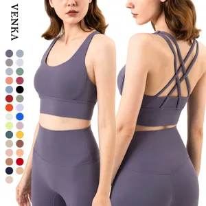 Diseño Popular Deportes Yoga Top Alto impacto Tela suave Sexy Volver Correa cruzada Sujetadores deportivos para mujeres Fitness