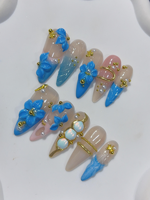 Faux Ongles à Presser en Acrylique Faits Main, Motif Fleur 3D en Argile Bleue, Perle et Chaîne Dorée, Longs Stilettos, pour Usage Professionnel en Salon