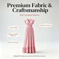 Nouvelle robe longue plissée à taille haute et manches courtes à volants, col en V, couleur unie, style vacances, pour femmes européennes et américaines