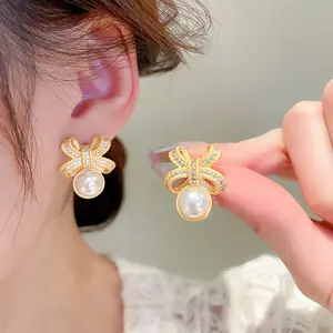 Silver Needle Diamond Gold Bow Knot Pearl Light Luxury High Level Gentle Style Ear Studs Wholesale Stud earrings for woman