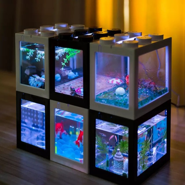 Mini Small Acrylic Goldfish Desktop Creative Aquascape Plastic Transparent Building Blocks Fighting Fish Tank