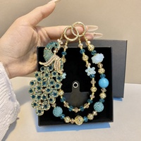 Lujoso Colgante de Pavo Real Teal con Cuentas, Cristales y Diamantes de Imitación, Llavero Dorado, Colgante para Teléfono, Joyería Hecha a Mano al por Mayor