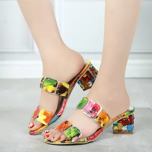 New ladies slippers women rhinestone block high heel sandals color block abstract heels women's shoes