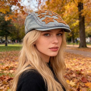 Nouveau Béret Femme en Denim Délavé Brodé Étoile, Tissu Respirant, Élégant et Polyvalent, Effet Amincissant sur le Visage - Product Image 4