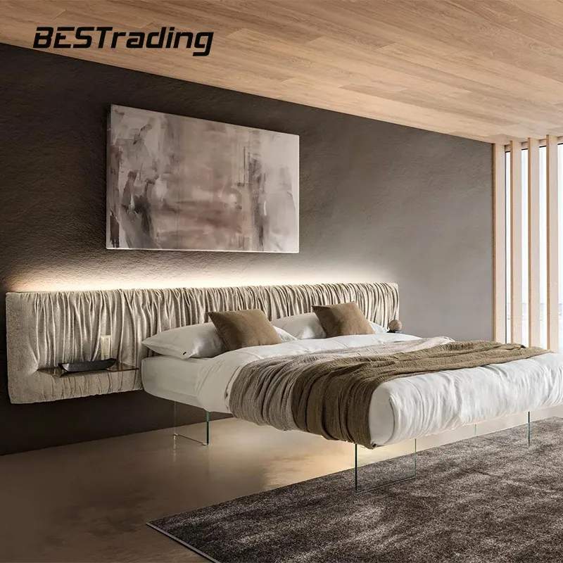 Современная двуспальная кровать с тонким горизонтальным плиссированным кожаным изголовьем со светодиодным ночником, большие левитирующие кровати