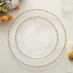 13 Inch White Plastic Dinnerware with Gold Rim Heavy Duty Clear Beaded Charger <b>Plates</b> Bulk Underplates for Wedding Decor - Product Image 4