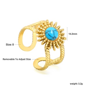 Wholesale Natural Stone Turquoise <b>Ring</b> 18K Gold Plated <b>Sunflower</b> Sun Gemstone Open Adjustable Stainless Steel <b>Rings</b> for Women - Product Image 3