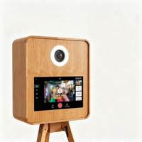 Photomaton vintage en bois sur trépied avec écran tactile, anneau lumineux et système Windows pour événements et locations de fêtes
