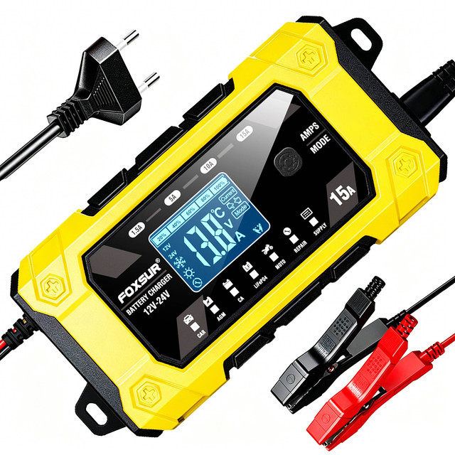 12V/24V Intelligent Battery Charger - Adjustable Current (1.5A/5A/10A/15A) with AGM Pulse Repair Function