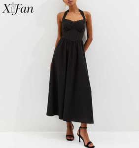 Vestido de Fiesta Personalizado de Fábrica para Mujer, Elegante, Sexy, con Espalda Descubierta, Corte en A, Verano, Negro, Bordado, Sin Mangas, Largo hasta la Pantorrilla - Product Image 1