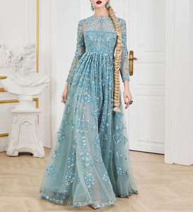 नीले रंग की महिला आकस्मिक पोशाक लंबे समय से गर्दन के चिफॉन फर्श की लंबाई वाली आर्बी औपचारिक गाउन फूलों की मोती - Product Image 4
