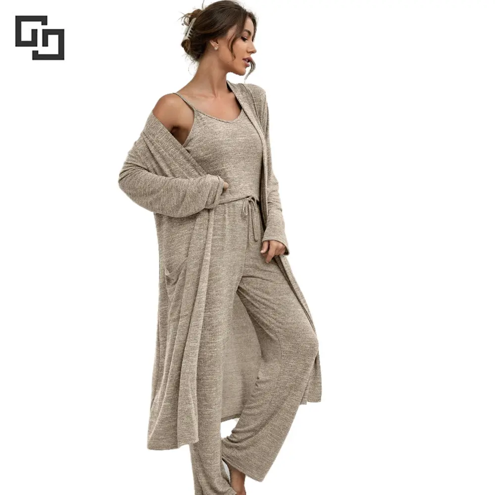 3 Pieces Nightsuit Salão Térmico Desgaste Define Algodão Bambu Atacado Cami Calças das Mulheres Robe Define Sleepwear