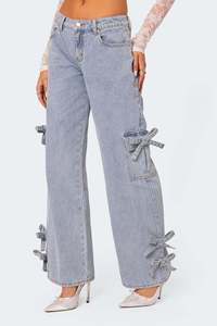 Pantalones vaqueros cargo azul claro para mujer al por mayor con lazos de cinta, de tiro bajo y pierna ancha, estilo coquette Y2K, <span class=keywords><strong>jeans</strong></span> streetwear - Product Image 5