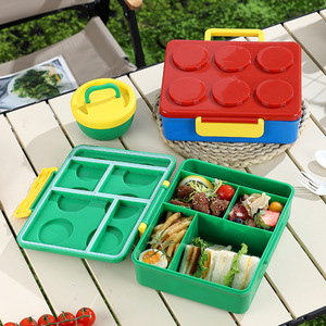 2026 Cute Luxury Brick Eco-Friendly Microwavable 2-Compartment Lunch Box Wholesale Custom Logo Building <b>Block</b> Bento Box Kids - Product Image 5