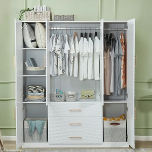 Modern Minimalist White MDF Bedroom Wardrobe <strong>Closet</strong> 4-Door with 3 Drawers for Home or Hotel Storage - Product Image 3