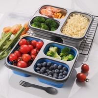 Vente en gros 1100ML Boîte à lunch Bento en silicone de qualité alimentaire Portable 3 compartiments Pliable Conteneur de stockage des aliments Boîte à nourriture étanche
