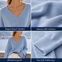 Pull ample en cachemire 100% pour femme, col en V profond, bleu clair, style coréen, tricoté, fil 2/26Nm