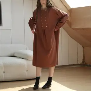 Gerader Knopf Solide Farbe Vintage Midi-Lange Ärmel A-Line Rundhalsausschnitt hochwertige Baumwolle Leinen Kleidung Damenkleid mit Taschen