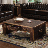 Table basse rétro de style américain et européen avec plateau en cuir véritable finition huilée et cirée, espace de rangement pour salon ou bar à cigares
