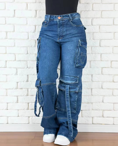 Jean évasé décontracté pour <span class=keywords><strong>femme</strong></span> 2026, respirant, délavé, style rétro, multi-poches, coupe large, pour l'hiver - Product Image 2