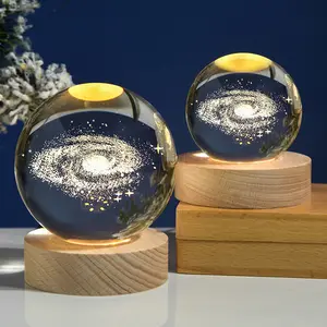 Bola de cristal de laser 3d, 6cm lua, madeira, luz noturna