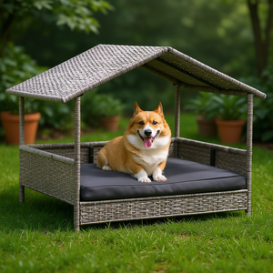 Casa Elevada para Perros de Mimbre, Color Gris Carbón, Tamaño Grande, para Interiores y Exteriores, con Cojín Extraíble, Estilo Moderno, Forma Rectangular - Product Image 2