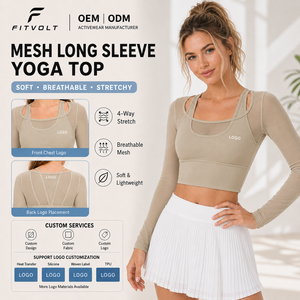 FITVOLT Ingrosso Top <span class=keywords><strong>da</strong></span> Yoga a Maniche Lunghe per Donna, Nuovo Design, Traspirante in Rete, Asciugatura Rapida, Crop Top Senza Cuciture Frontali - Product Image 1