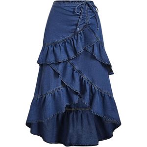 Falda Vaquera Personalizada para Mujer, Talla Grande, Asimétrica, con Volantes, Midi, con Detalle de Lazo, Tela de Algodón - Product Image 4