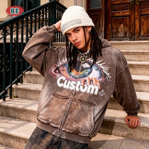 Fabricantes de Ropa al por Mayor, Sudadera con Capucha Desgastada con Lavado Ácido, Sudadera de Forro Polar Vintage de Diseñador, Sudadera con Capucha y Cremallera DTG para Hombre - Product Image 2