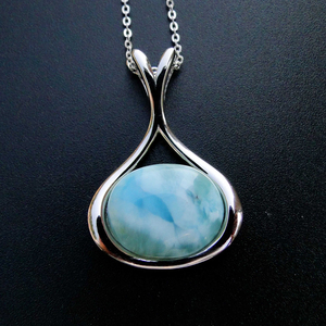 Collier pendentif en argent sterling S925 le plus populaire, magnifique forme ovale naturelle, charme en larimar bleu en forme d'os de souhait pour femmes - Product Image 2