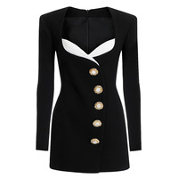 Robe de haute qualité, nouvelle robe noire élégante à manches longues pour femmes, blazer à simple boutonnage, jupe trapèze, jupe courte