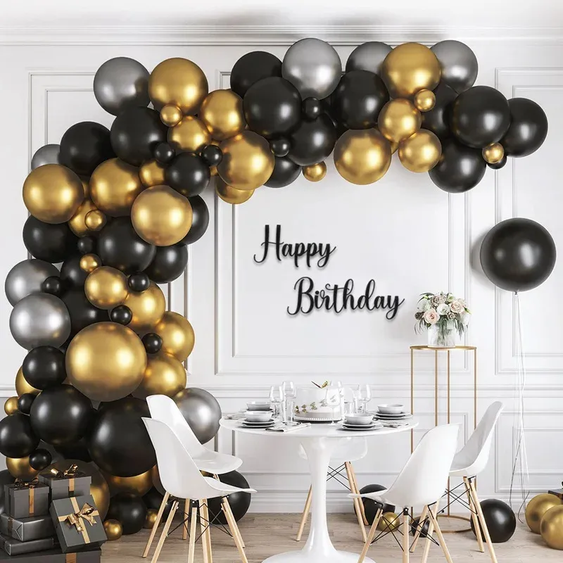 Vorrätig auf Lager 139 Stück schwarz Gold und Silber Ballongirlande Bogen-Set mit metallischen Gold-Silber-Ballons für Graduierung Geburtstag